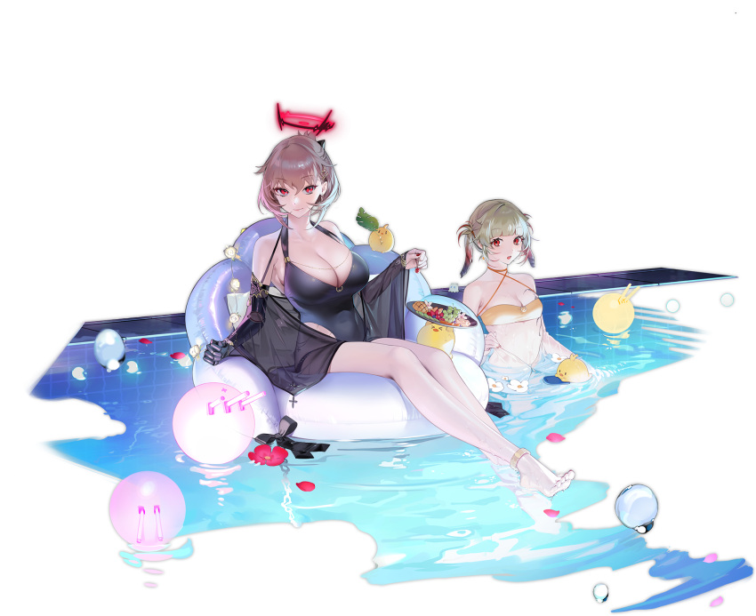 2girls azur_lane bare_shoulders barefoot bikini black_bow black_swimsuit blue_hair blush bow breasts brown_hair building city closed_mouth covered_navel duca_degli_abruzzi_(azur_lane) duca_degli_abruzzi_(lustrous_onyx_sirenetta)_(azur_lane) flower grey_hair highres holding in_water jacket jewelry large_breasts leaf looking_at_viewer manjuu_(azur_lane) mechanical_arms medium_breasts multicolored_hair multiple_girls necktie night night_sky official_art ohisashiburi one-piece_swimsuit open_mouth outdoors petals pool prosthesis prosthetic_arm red_eyes red_nails redhead single_mechanical_arm sitting sky smile sunglasses swimming swimsuit transparent_background water wet yellow_bikini