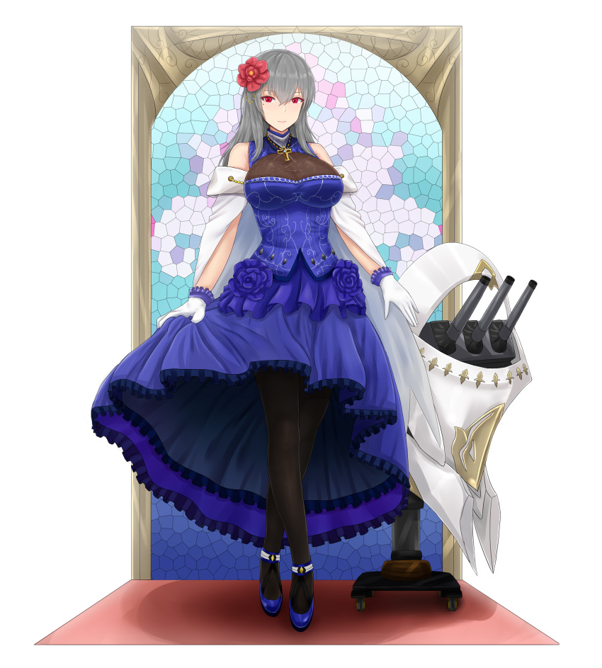 1girl absurdres archstreal azur_lane black_legwear blue_dress blue_footwear breasts closed_mouth cross cross_necklace dress dress_lift eyebrows_visible_through_hair flower gloves grey_hair hair_flower hair_ornament highres jewelry large_breasts long_hair looking_at_viewer mole mole_under_eye necklace pantyhose red_eyes saint-louis_(azur_lane) solo stained_glass standing white_background white_gloves