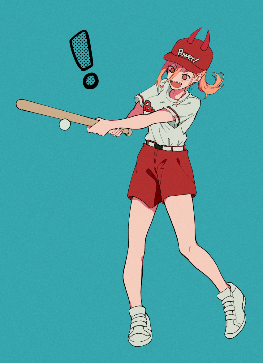 ! +_+ 1girl absurdres alternate_costume alternate_hairstyle bare_legs baseball baseball_bat baseball_cap belt blue_background blush breasts chainsaw_man character_name clothes_writing commentary demon_horns eyelashes full_body hair_between_eyes hat highres horns medium_breasts momokan_(meloco) open_mouth orange_eyes orange_hair ponytail power_(chainsaw_man) red_headwear red_shorts sharp_teeth shirt shirt_tucked_in shoes short_hair short_sleeves shorts simple_background smile sneakers solo standing swinging teeth white_belt white_footwear white_shirt