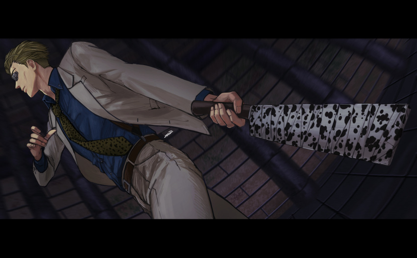 1000_(user_1527793) 1boy absurdres belt black_border blonde_hair blue_shirt border brown_belt closed_mouth collared_shirt cowboy_shot dress_shirt formal grey_jacket grey_pants grey_suit highres holding holding_sword holding_weapon jacket jujutsu_kaisen letterboxed long_sleeves looking_away male_focus nanami_kento necktie pants profile shirt short_hair solo standing sunglasses sword weapon yellow_neckwear