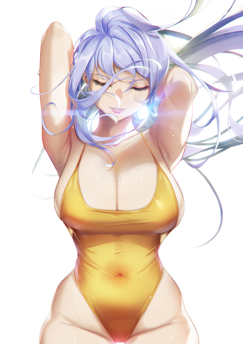 1girl arm_behind_head armpits blue_hair blueorca breasts closed_eyes covered_navel cowboy_shot english_commentary highleg highleg_leotard highres large_breasts leotard lips long_hair original parted_lips simple_background solo white_background yellow_leotard