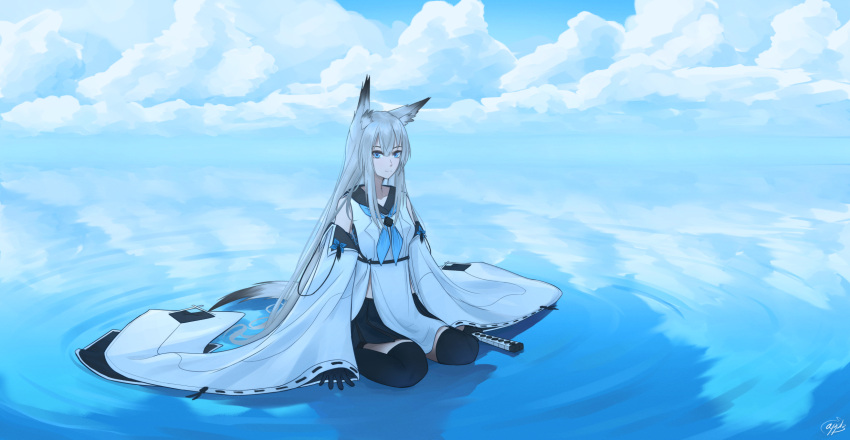 1girl afloat animal_ears appl3 aqua_eyes azur_lane bangs black_gloves black_legwear black_skirt blue_sky clouds cloudy_sky commentary_request detached_sleeves eyebrows_visible_through_hair fox_ears fox_girl fox_tail gloves highres holding holding_sword holding_weapon horizon katana kawakaze_(azur_lane) long_hair looking_at_viewer ocean reflection ribbon-trimmed_sleeves ribbon_trim ripples sidelocks silver_hair sitting skirt sky solo sword tail thigh-highs wariza weapon wide_sleeves zettai_ryouiki