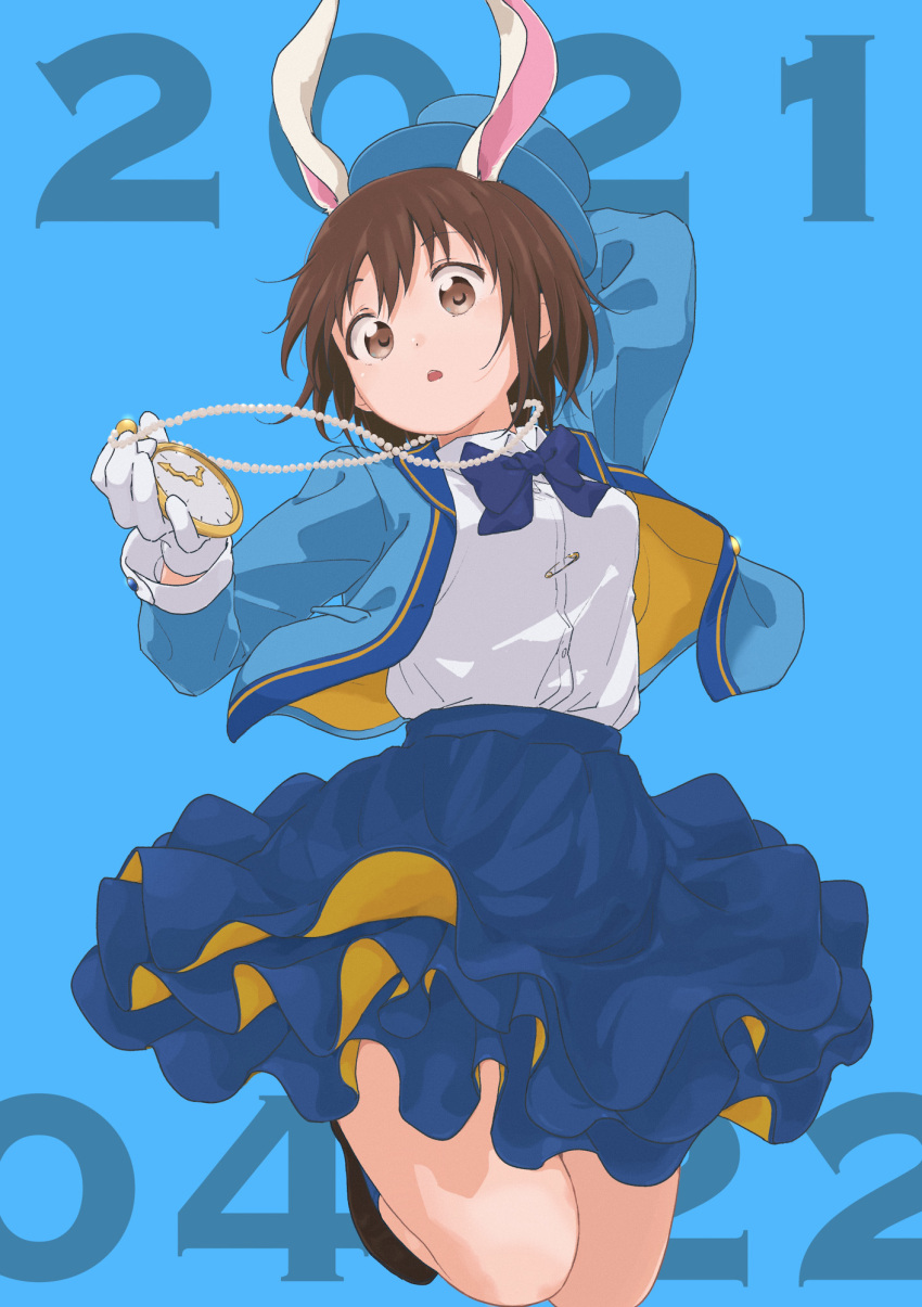 1girl 9so_(ponchon) :o alice_in_wonderland animal_ears arm_behind_head arm_up bangs blue_background blue_bow blue_headwear blue_jacket blue_neckwear blue_skirt bow bowtie brown_eyes brown_footwear brown_hair buttons clock clock_necklace collared_shirt commentary cosplay dated dated_commentary dress_shirt eyebrows_visible_through_hair fake_animal_ears funami_yui gloves hand_up hat highres jacket jewelry jumping long_sleeves looking_at_viewer necklace open_clothes open_jacket paperclip rabbit_ears shirt shirt_tucked_in shoes skirt solo upper_teeth watch white_gloves white_rabbit white_rabbit_(cosplay) white_shirt yuru_yuri