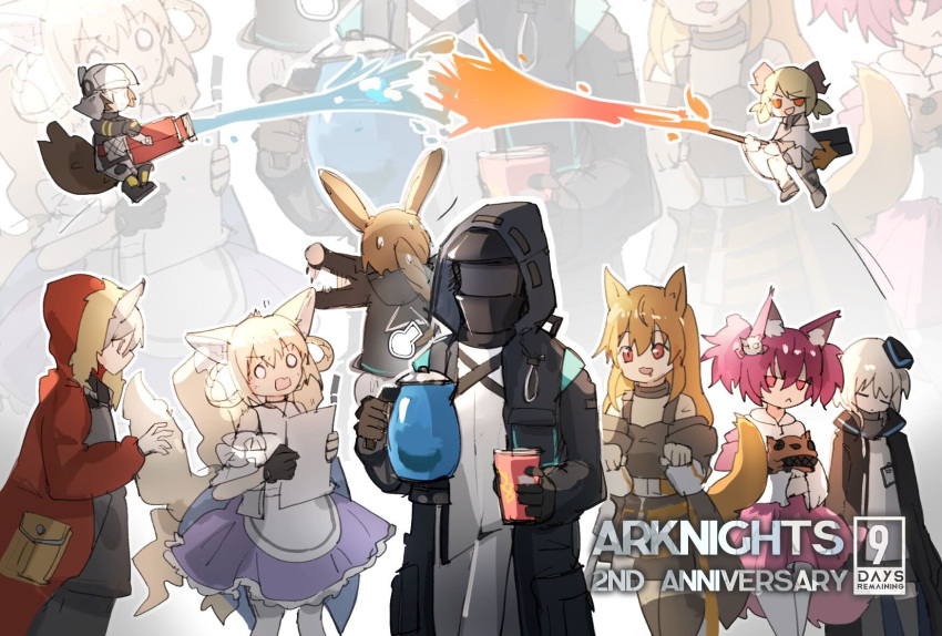 ! 1other 6+girls ambiguous_gender amiya_(arknights) animal_ears arknights ceobe_(arknights) cup demon_girl demon_horns doctor_(arknights) dog_ears dog_girl dog_tail durin_(arknights) dwarf fire flamethrower fox_ears fox_girl fox_tail highres hood horns hose ifrit_(arknights) jug kitsune multiple_girls multiple_tails projekt_red_(arknights) rabbit_ears rabbit_girl shamare_(arknights) shaw_(arknights) squirrel_girl squirrel_tail surprised suzuran_(arknights) tail tianye_toshi twintails water weapon wolf_ears wolf_girl wolf_tail