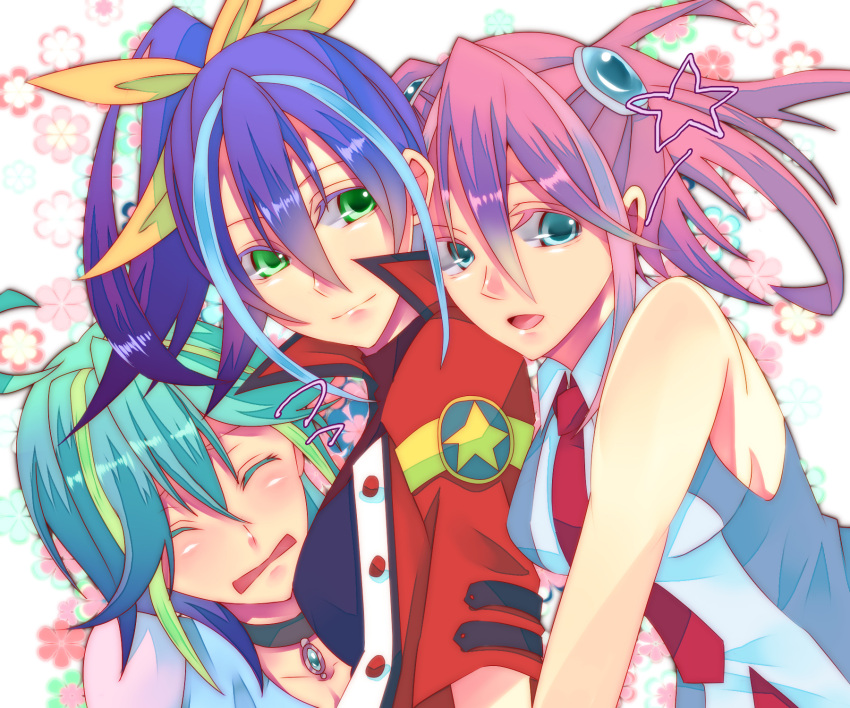 3girls ahoge akisaki blue_hair bracelet_girls choker exposed_shoulders green_hair high_ponytail hiiragi_yuzu jacket pink_hair rin_(yuu-gi-ou_arc-v) serena_(yuu-gi-ou_arc-v) short_twintails small_breasts uniform yellow_bow