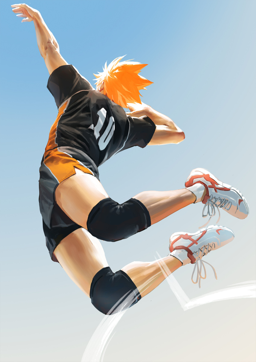 1boy arm_up black_shirt black_shorts commentary_request from_below haikyuu!! hand_up highres hinata_shouyou jumping knee_pads male_focus orange_hair orange_shirt orange_shorts outstretched_arm sanwood_mori shirt shoes short_hair short_sleeves shorts sneakers socks solo spiky_hair sportswear volleyball volleyball_uniform white_legwear