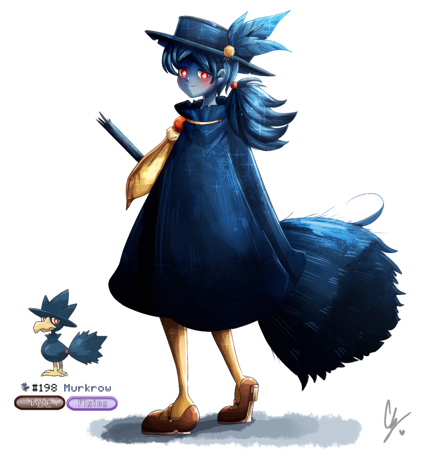 1girl bangs blue_hair blue_skin blush bright_pupils broom brown_footwear closed_mouth colored_skin commentary creature_and_personification endifi english_commentary eyebrows_visible_through_hair from_behind full_body gen_2_pokemon half-closed_eyes hat hat_feather heart highres long_hair looking_at_viewer murkrow numbered pantyhose personification pokemon pokemon_(creature) ponytail red_eyes shoes signature simple_background smile standing white_background white_pupils yellow_legwear yellow_neckwear