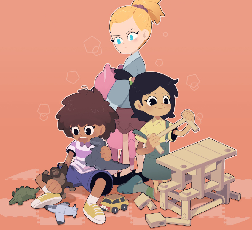 3girls absurdres amphibia anne_boonchuy black_hair blonde_hair blue_eyes brown_hair building_block caroro117 dark_skin dark-skinned_female dinosaur dress frown godzilla highres holding holding_toy jacket king_kong looking_at_another marcy_wu medium_hair multiple_girls open_mouth overall_skirt playing ponytail sasha_waybright scrunchie shirt shoes shorts simple_background smile sneakers socks stuffed_toy t-shirt toy toy_airplane toy_car younger