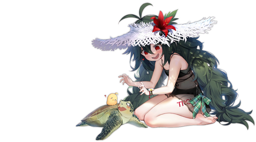 1girl azur_lane bare_shoulders barefoot bikini black_bikini blush bow byulzzi feet flower green_hair hat hat_flower heart highres leg_tattoo long_hair looking_at_viewer manjuu_(azur_lane) official_alternate_costume official_art open_mouth outdoors red_bow red_eyes red_flower see-through sitting smile soles solo straw_hat sun_hat swimsuit tattoo thigh_tattoo toes torricelli_(azur_lane) torricelli_(shady_seaside)_(azur_lane) transparent_background turtle wariza