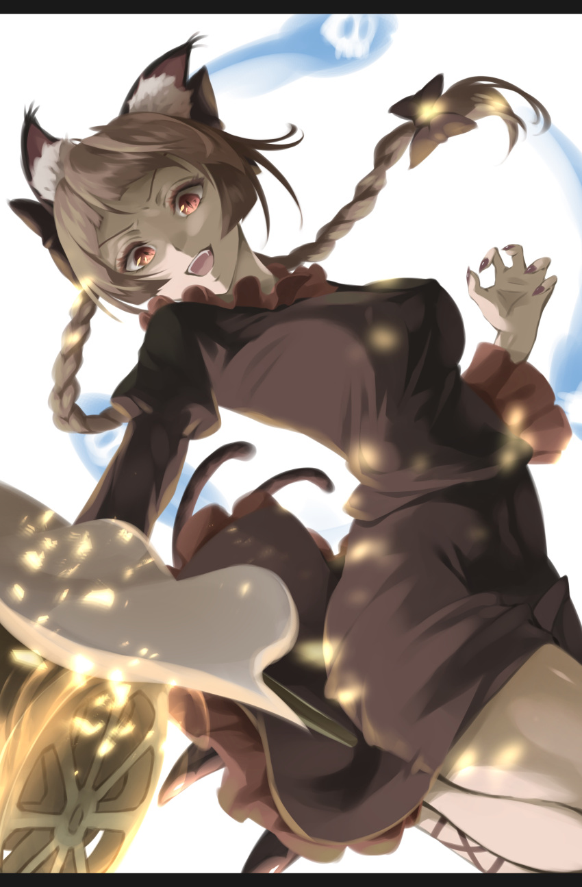 1girl :d absurdres animal_ear_fluff animal_ears bangs bow braid breasts brown_bow brown_dress cat_ears cat_tail dress embers eyebrows_behind_hair hair_bow hair_ribbon hand_up highres hitodama juliet_sleeves kaenbyou_rin large_breasts light_particles long_hair long_sleeves looking_at_viewer multiple_tails nekomata open_mouth otomeza_ryuseigun puffy_sleeves red_eyes redhead ribbon serious simple_background slit_pupils smile solo tail touhou tress_ribbon twin_braids twintails two_tails v-shaped_eyebrows wagon wheel white_background