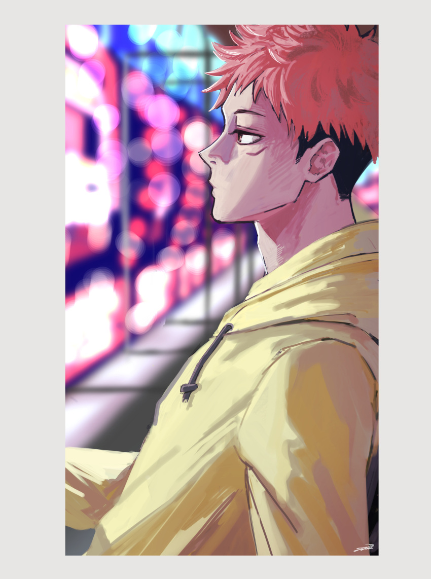 1000_(user_1527793) 1boy absurdres bangs border highres hood hoodie itadori_yuuji jujutsu_kaisen lens_flare looking_away male_focus pink_hair profile short_hair signature solo upper_body