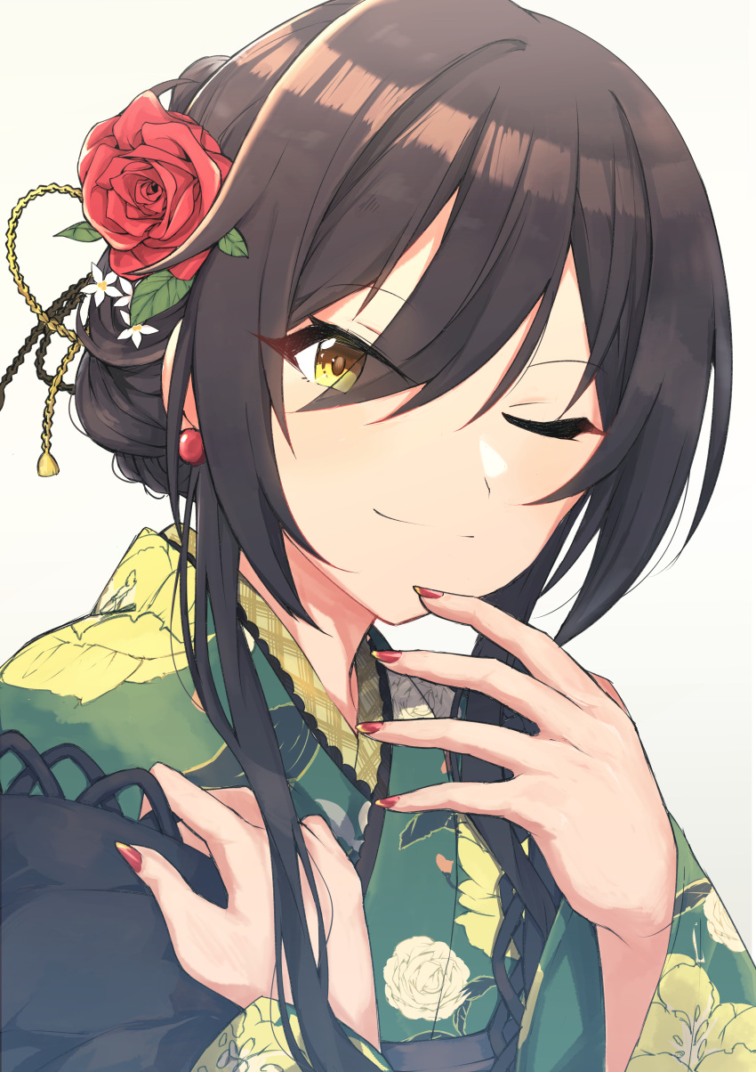 1girl absurdres bangs black_hair blush breasts commentary_request earrings flower green_kimono hair_between_eyes hair_bun hair_flower hair_ornament hanetsuka highres idolmaster idolmaster_shiny_colors japanese_clothes jewelry kimono large_breasts long_hair long_sleeves looking_at_viewer nail_polish one_eye_closed red_nails shirase_sakuya sidelocks simple_background smile solo upper_body yellow_eyes
