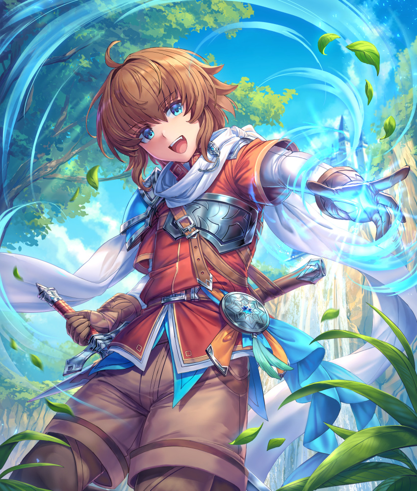 1boy :d absurdres ahoge armor blue_eyes blue_sky breastplate brown_gloves brown_hair brown_shorts day gloves grass hair_between_eyes highres holding holding_sword holding_weapon jacket leaf looking_at_viewer magic male_focus medium_hair open_mouth original outdoors red_jacket shichigatsu shirt shorts sky smile solo standing sword weapon white_shirt