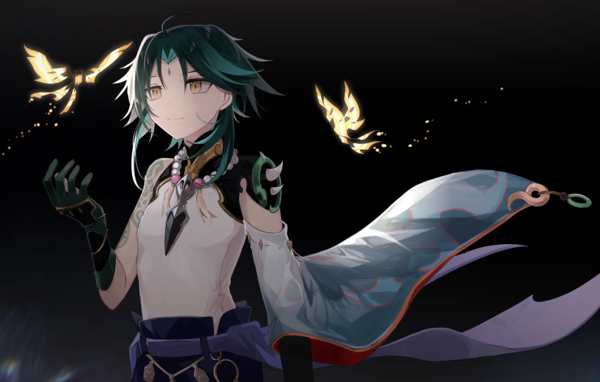 1boy ahoge aqua_hair arm_tattoo armor asymmetrical_clothes bead_necklace beads bug butterfly closed_mouth facial_mark forehead_mark genshin_impact gloves glowing green_hair highres insect jewelry male_focus necklace night outdoors shoulder_armor spikes tassel tattoo xiao_(genshin_impact) yellow_eyes yoko_(nz_g)