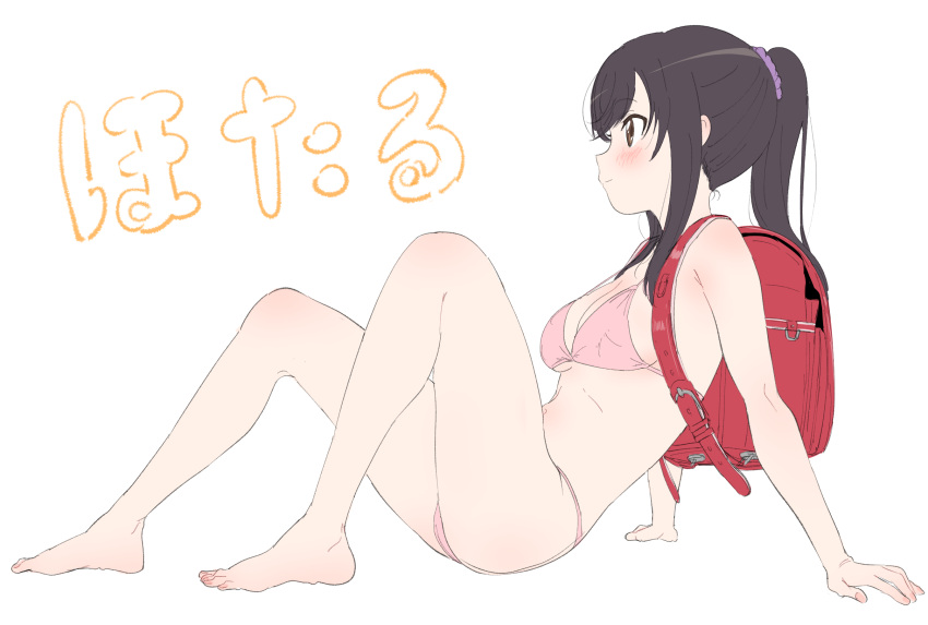 1girl arm_support backpack bag bare_arms bare_legs bare_shoulders barefoot bikini black_hair blush breasts brown_eyes character_name eyebrows_visible_through_hair flat_color from_side full_body hair_ornament hair_scrunchie hair_up halterneck highres ichijou_hotaru knees_up large_breasts leaning_back long_hair midriff nail_polish navel non_non_biyori pink_bikini pink_nails ponytail purple_scrunchie randoseru red_bag school_bag scrunchie simple_background sincos sitting sketch solo string_bikini swimsuit under_boob white_background