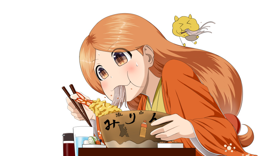 1girl :t brown_eyes chopsticks copyright_request creature eating food food_on_face from_side glass haori highres holding holding_chopsticks japanese_clothes kimono long_hair long_sleeves low-tied_long_hair noodles orange_hair ramen shrimp shrimp_tempura simple_background soba solo taka_(takahirokun) tempura white_background wide_sleeves