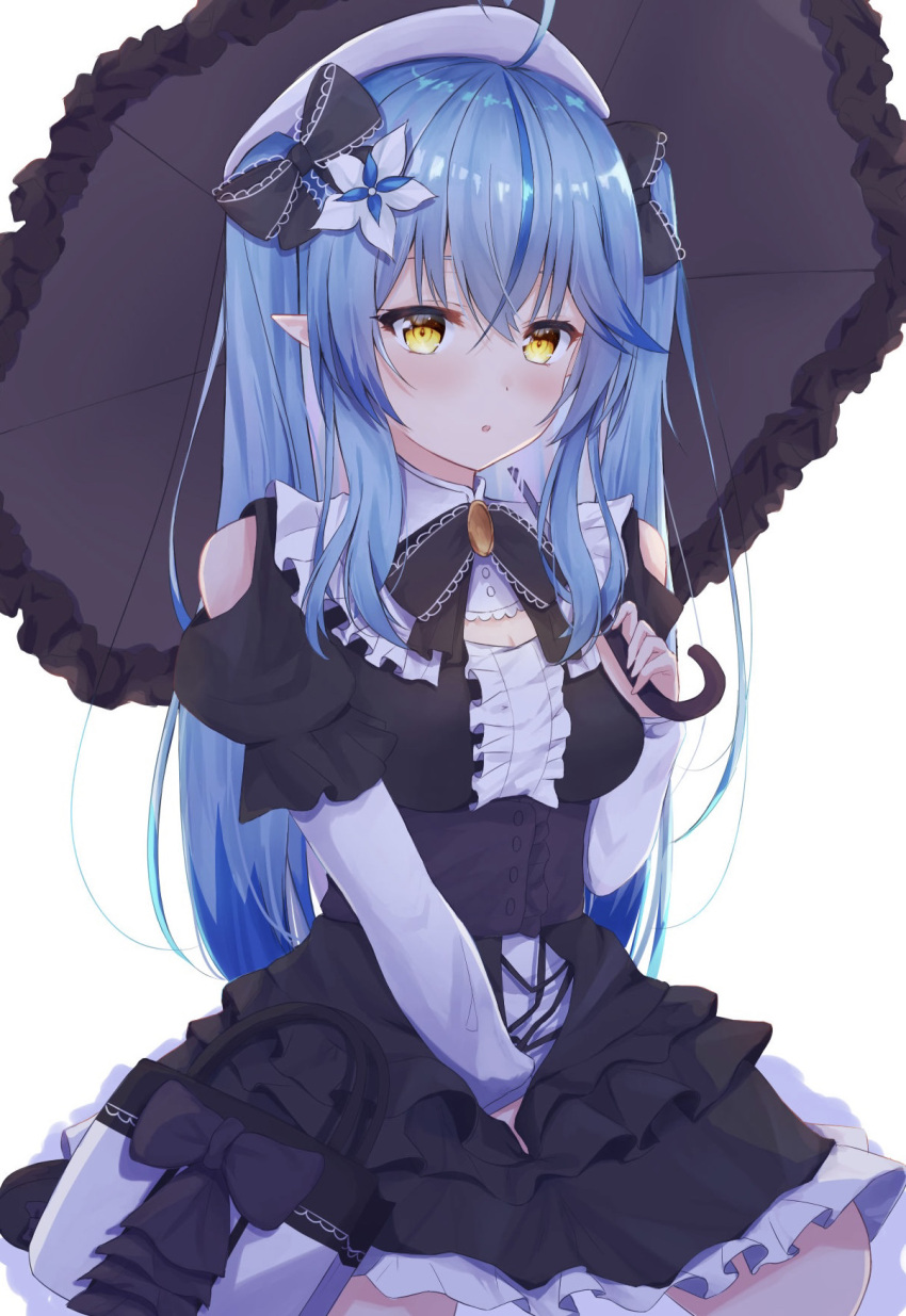 1girl ahoge bag bangs blue_hair blush bow breasts clothing_cutout commentary_request elf flower hair_bow hair_flower hair_ornament handbag heart_ahoge highres holding holding_umbrella hololive lolita_fashion long_hair looking_at_viewer pointy_ears shoulder_cutout simple_background solo twintails umbrella virtual_youtuber white_background yellow_eyes yukihana_lamy yuzuki4no