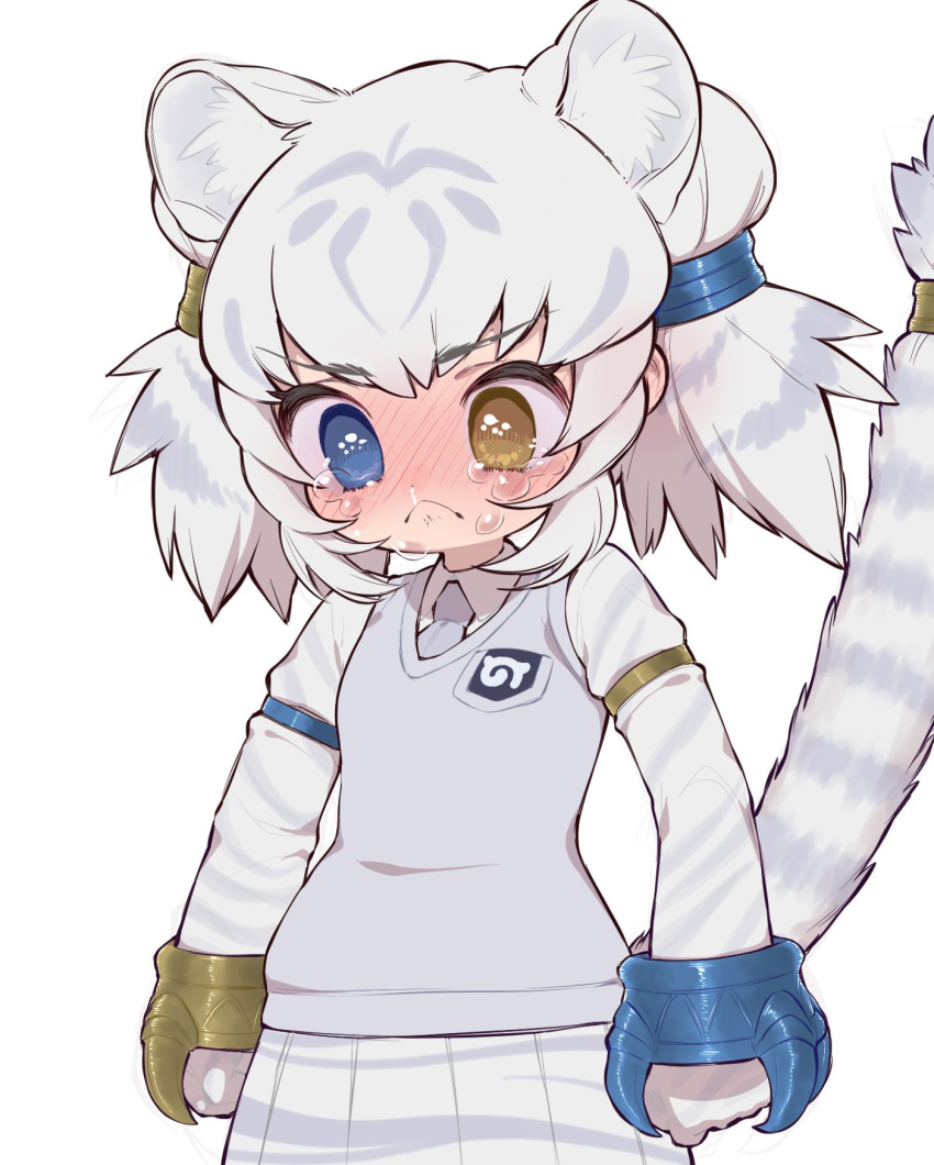 1girl animal_ears animal_print arms_at_sides bangs blush byakko_(kemono_friends) cat_girl chibi closed_mouth commentary_request crying crying_with_eyes_open eyebrows_visible_through_hair highres japari_symbol kemono_friends kemono_friends_3 long_sleeves medium_hair multicolored_hair necktie nose_blush notora pleated_skirt shirt simple_background skirt snot solo striped_tail sweater_vest tail tail_ornament tail_raised tears tiger_ears tiger_girl tiger_print tiger_tail two-tone_hair two_side_up unhappy white_background white_tiger_print