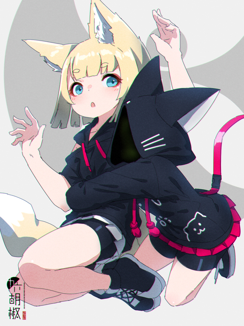 2girls animal_ear_fluff animal_ears animal_hood animal_print artist_name bangs bike_shorts black_hoodie blonde_hair blue_eyes blunt_bangs chromatic_aberration eyebrows_visible_through_hair fox_ears fox_girl fox_tail from_side full_body hands_up highres hood hood_up hoodie hug hug_from_behind kneeling kuro_kosyou legs_together looking_back multiple_girls open_mouth original paw_print pleated_skirt red_skirt shadow shoes shorts shorts_under_skirt skirt tail thick_eyebrows two-tone_background