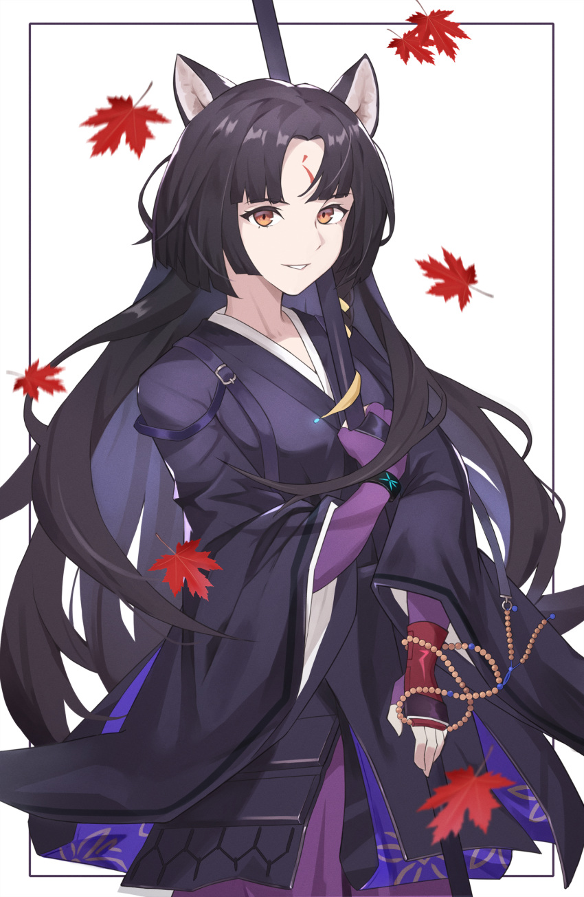 1girl animal_ears arknights bangs black_hair black_kimono brown_eyes commentary cowboy_shot facial_mark fingerless_gloves forehead_mark gloves grin highres japanese_clothes kimono leaf long_hair looking_at_viewer ni_dgs parted_lips purple_gloves saga_(arknights) smile solo very_long_hair white_background