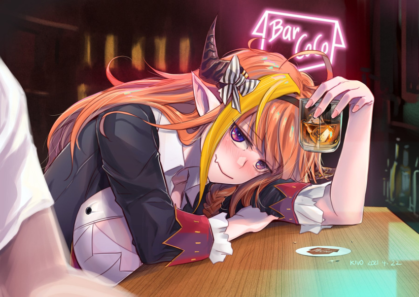 1girl ahoge alcohol arm_rest artist_name bangs bar black_hairband black_jacket blonde_hair blush bottle bow braid breasts character_name cleavage_cutout clothing_cutout collared_shirt counter cup dated diagonal-striped_bow dragon_girl dragon_horns drinking_glass drunk english_commentary eyebrows_visible_through_hair fang hairband hand_up head_on_arm head_rest highlights highres holding holding_cup hololive horn_bow horns indoors jacket kiryu_coco kivo large_breasts long_hair looking_at_viewer messy_hair multicolored_hair nail_polish neon_lights orange_hair pink_nails pointy_ears shirt short_sleeves side_braid sidelocks single_braid skin_fang smile solo_focus streaked_hair striped striped_bow upper_body violet_eyes virtual_youtuber white_shirt