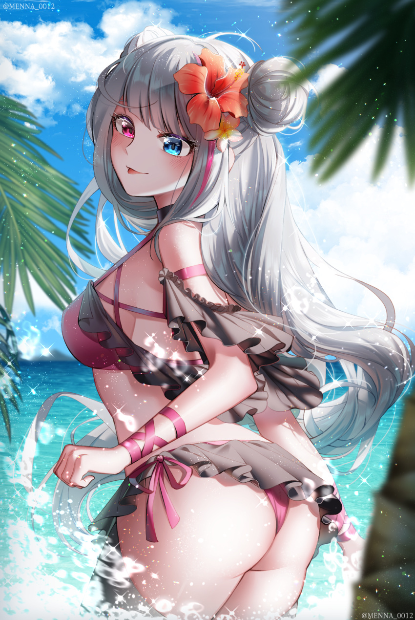 1girl :p ass bangs bikini blue_eyes blush breasts clouds commentary_request commission day double_bun flower from_behind girls_frontline heterochromia hibiscus highres long_hair looking_at_viewer looking_back mdr_(girls_frontline) medium_breasts menna_(0012) multicolored_hair ocean palm_tree pink_bikini pink_eyes pink_hair pixiv_request side-tie_bikini silver_hair sky solo streaked_hair swimsuit thighs tongue tongue_out tree twitter_username very_long_hair wading water wristband