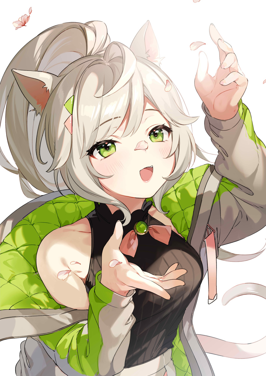 1girl :d absurdres ahoge al_mican animal_ears argyle arm_up armpit_crease bangs bare_shoulders black_shirt blush brooch cat_ears cat_girl cat_tail collarbone falling_petals fang green_eyes grey_jacket hair_flaps high_collar high_ponytail highres jacket jewelry long_sleeves looking_up neck_ribbon off_shoulder open_clothes open_hand open_jacket open_mouth original petals ribbon shirt silver_hair simple_background sleeve_cuffs sleeveless sleeveless_shirt smile solo striped_jacket tail upper_body white_background