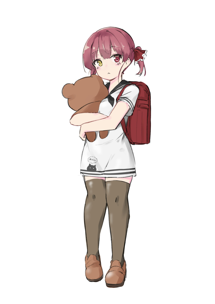 1girl absurdres backpack bag bangs blush brown_footwear child closed_mouth commentary cosplay_request dress eyebrows_visible_through_hair full_body hair_ribbon heterochromia highres holding holding_stuffed_toy hololive houshou_marine komasi looking_at_viewer no_headwear object_hug randoseru red_bag red_eyes redhead ribbon sailor_collar sailor_dress shoes short_dress short_sleeves simple_background solo striped stuffed_animal stuffed_toy teddy_bear thigh-highs twintails virtual_youtuber white_background white_dress yellow_eyes younger