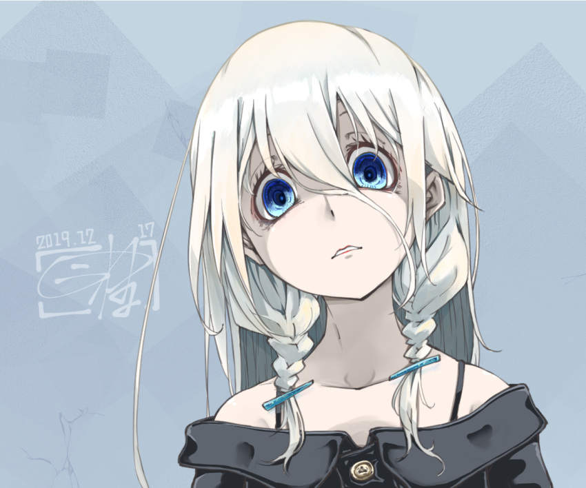 bare_shoulders black_shirt braid cevio commentary dated empty_eyes hair_between_eyes hair_ornament hairclip ia_(vocaloid) kuuneru514 lips long_hair looking_at_viewer parted_lips platinum_blonde_hair portrait shirt side_braids signature spaghetti_strap vocaloid