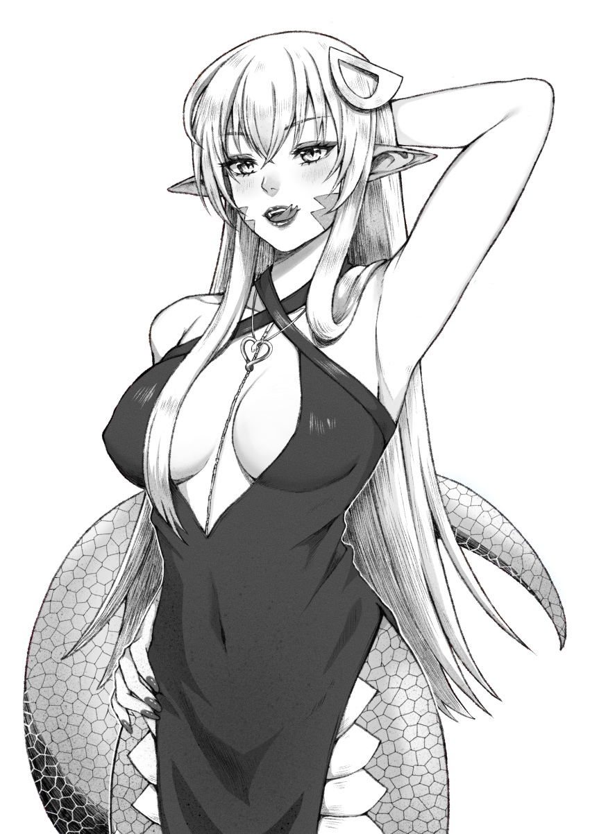 absurdres commission commissioner_upload dress forked_tongue hair_between_eyes hair_ornament highres jewelry lipstick long_hair looking_at_viewer makeup miia_(monster_musume) monochrome monster_musume_no_iru_nichijou moonmirageart necklace pointy_ears scales slit_pupils tongue tongue_out transparent_background wide_hips