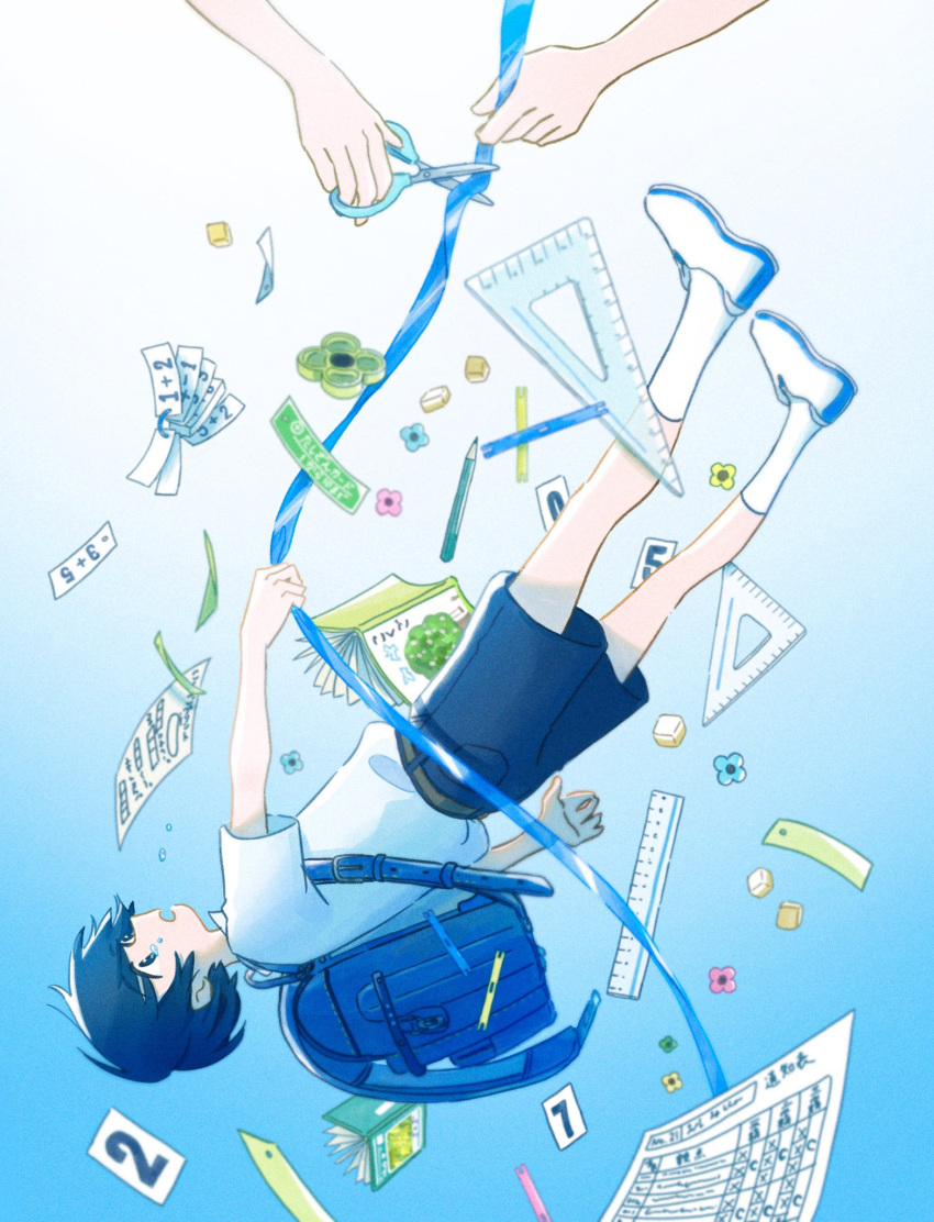 1boy backpack bag black_shorts blue_background blue_bag blue_ribbon book gradient gradient_background highres open_book original profile ribbon ruler shirt shoes short_sleeves shorts socks solo white_footwear white_legwear white_shirt yutsukidayo