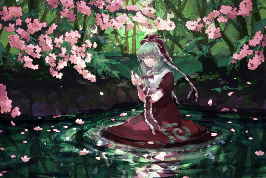 1girl arm_ribbon bangs brown_dress brown_ribbon cherry_blossoms closed_mouth cross-laced_clothes dress eyebrows_behind_hair flower front_ponytail green_eyes green_hair hair_between_eyes hair_ribbon hands_up highres holding kagiyama_hina koito_(bowstringsmall) long_hair looking_at_hands nature outdoors pink_flower puffy_short_sleeves puffy_sleeves ribbon ripples seiza short_sleeves sitting smile solo tagme touhou tree water