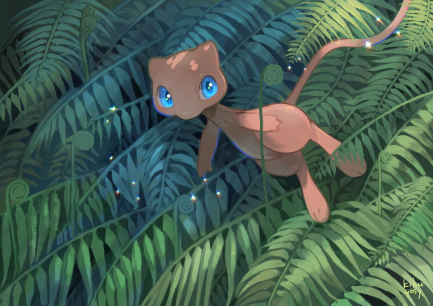 blue_eyes commentary_request creature gen_1_pokemon highres kikuyoshi_(tracco) leaf looking_at_viewer looking_to_the_side mew mythical_pokemon no_humans pokemon pokemon_(creature) solo sparkle toes