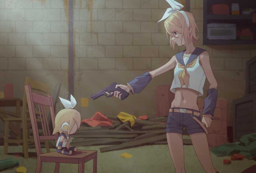 1girl aiming arm_warmers basement belt blonde_hair blue_eyes bow brick_wall chair character_name collar collared_shirt contrapposto cowboy_shot crop_top finger_on_trigger grey_collar grey_shorts grey_sleeves groin gun hair_bow headphones highres holding holding_gun holding_weapon indoors kagamine_rin leg_warmers light_frown midriff navel neckerchief sailor_collar school_uniform shelf shirt short_hair short_shorts shorts standing stomach vocaloid weapon white_bow white_shirt wounds404 yellow_neckwear
