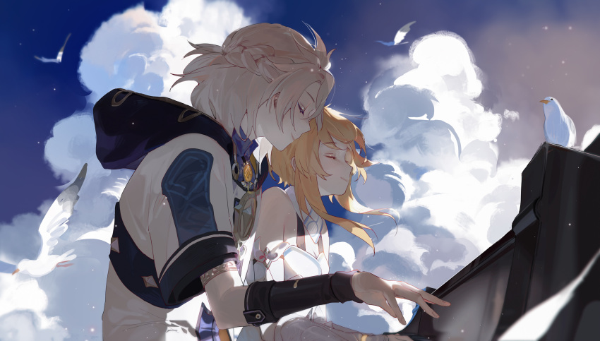 1boy 1girl absurdres albedo_(genshin_impact) bare_shoulders bird black_gloves blonde_hair blue_sky braid chajott64 closed_eyes clouds cloudy_sky day dress genshin_impact gloves highres hood hoodie instrument lumine_(genshin_impact) music pants piano playing_instrument playing_piano scarf short_sleeves sidelocks sitting sky sleeveless sleeveless_dress smile vambraces white_dress white_scarf