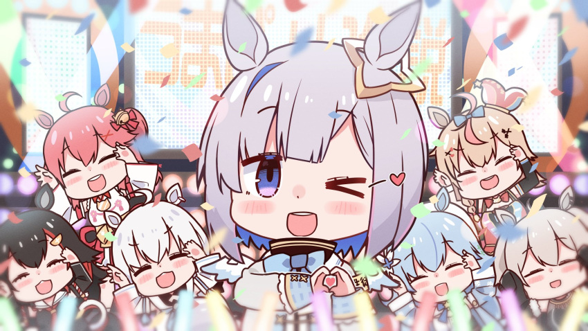 6+girls ahoge amane_kanata animal_ears blue_hair blush braid chibi closed_eyes fox_ears fur_trim grey_hair hair_between_eyes hair_ornament hairclip halo heart heart_hands highres hololive horse_ears long_hair multiple_girls omaru_polka ookami_mio pink_hair pointy_ears popup sakura_miko shirakami_fubuki shishiro_botan virtual_youtuber x_hair_ornament yukihana_lamy