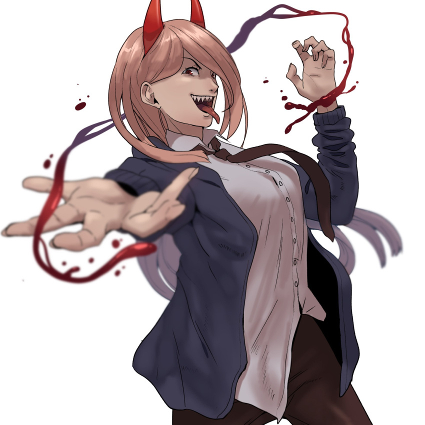 1girl blood blue_jacket chainsaw_man francisco_mon highres horns jacket light_brown_hair long_tongue looking_at_viewer necktie power_(chainsaw_man) red_eyes red_horns sharp_teeth shirt smile teeth tongue white_shirt
