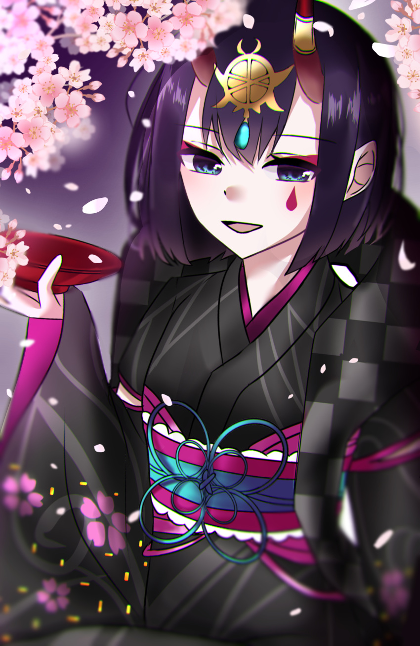 1girl absurdres bangs black_kimono bob_cut breasts cherry_blossoms cup eyeliner fate/grand_order fate_(series) floral_print headpiece highres horn_ornament horn_ring horns japanese_clothes kimono long_sleeves looking_at_viewer lostroom_outfit_(fate) makeup obi oni oni_horns open_mouth purple_hair sakazuki sash short_hair shuten_douji_(fate) skin-covered_horns small_breasts smile violet_eyes wide_sleeves yurumochi