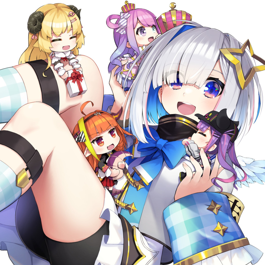 5girls ahoge amane_kanata anal_tail angel angel_wings animal_ears armband asacoco bangs bare_shoulders baseball_cap bibi_(tokoyami_towa) black_hairband black_headwear black_jacket black_skirt blonde_hair blue_eyes blue_hair blue_neckwear blunt_bangs bob_cut bow bowtie box braid breasts chibi closed_eyes colored_inner_hair commentary_request crown curled_horns demon_girl demon_horns detached_sleeves diagonal-striped_bow dragon_girl dragon_horns dragon_tail dress eyebrows_visible_through_hair eyes_visible_through_hair facing_another fake_horns fake_tail fang feathered_wings feet_out_of_frame frilled_dress frilled_skirt frills fur-trimmed_sleeves fur_trim gift gift_box gingham gingham_legwear gradient_hair grey_jacket hair_between_eyes hair_intakes hair_ornament hair_over_one_eye hair_ribbon hair_rings hairband hairclip halo hands_up hat highlights highres himemori_luna holding holding_gift hololive horn_bow horns in_palm jacket ken123456 kiryu_coco light_blush long_hair long_sleeves looking_at_another looking_at_viewer mini_crown mini_wings multicolored_hair multiple_girls one_side_up open_mouth orange_hair pink_dress pink_hair pleated_skirt pointy_ears purple_hair red_skirt ribbon sheep_ears sheep_girl sheep_horns shirt short_hair side_braid sidelocks silver_hair simple_background single_braid skin_fang skirt sleeves_folded_up star_halo streaked_hair striped striped_bow symbol_commentary tail tokoyami_towa tsunomaki_watame turtleneck twintails upper_teeth virtual_youtuber white_background white_shirt wings