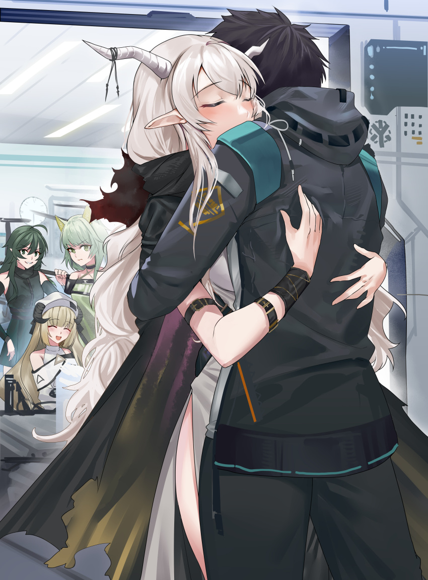 1boy 4girls :d absurdres ahoge animal_ears arknights bangs bare_shoulders black_cape black_dress black_hair black_jacket black_panties blonde_hair blunt_bangs blush cape cat_ears closed_eyes detached_sleeves doctor_(arknights) dress eyebrows_visible_through_hair gavial_(arknights) green_dress green_eyes green_hair hasegawamorito hat highres hood hood_down hooded_jacket horns hug indoors jacket kal'tsit_(arknights) long_hair long_sleeves multiple_girls mutual_hug nightingale_(arknights) open_mouth panties pelvic_curtain pointy_ears shining_(arknights) short_hair silver_hair smile underwear v-shaped_eyebrows very_long_hair white_dress white_headwear wristband