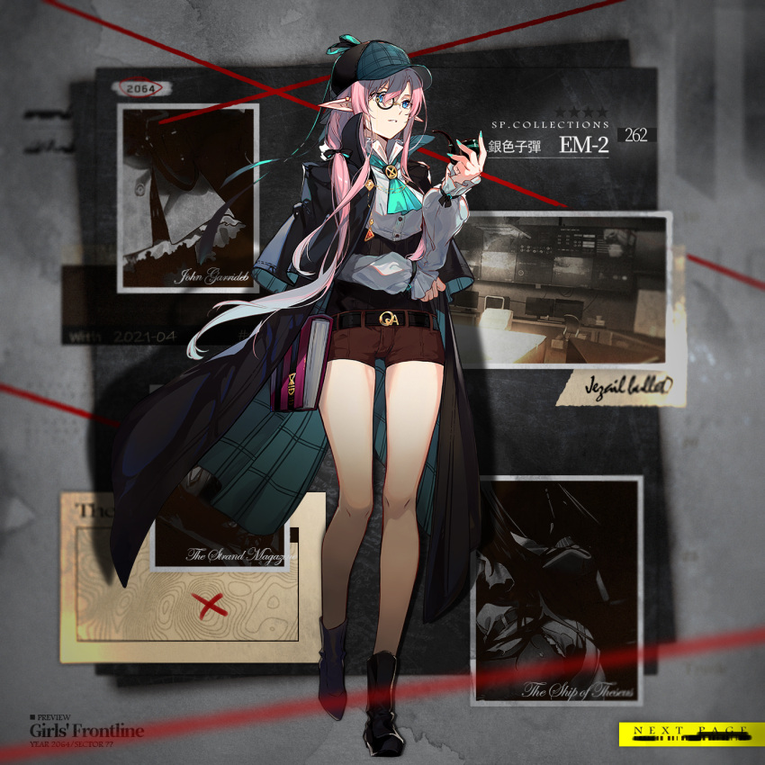 1girl aqua_headwear aqua_nails black_coat black_footwear blue_eyes book bow brown_shorts character_name closed_mouth coat coat_on_shoulders commentary_request copyright_name crossed_arms em-2_(girls_frontline) eyebrows_visible_through_hair girls_frontline hair_bow highres holding holding_pipe kinoshita_neko long_hair looking_away monocle nail_polish official_art pink_hair pipe pointy_ears shirt shorts solo standing white_shirt