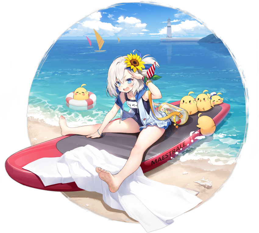1girl azur_lane bare_arms barefoot beach blue_eyes blue_hair blue_sky blush bracelet byulzzi character_name clouds cloudy_sky collarbone day expressions feet flower full_body hair_flower hair_ornament highres jewelry legs libeccio_(azur_lane) libeccio_(beachbound_southwestern_wind!)_(azur_lane) lighthouse manjuu_(azur_lane) multicolored_hair ocean official_art open_mouth outdoors salute school_swimsuit shore short_hair silver_hair sitting sky smile sunflower sunflower_hair_ornament surfboard swimsuit toes towel transparent_background water