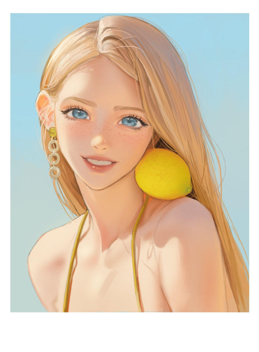 1girl absurdres bangs bare_shoulders bikini bikini_top blonde_hair blue_background blue_eyes coyo_s2 earrings food freckles fruit highres jewelry korean_commentary lemon lips looking_at_viewer open_mouth original parted_bangs photo-referenced portrait simple_background smile solo swimsuit symbol_commentary teeth