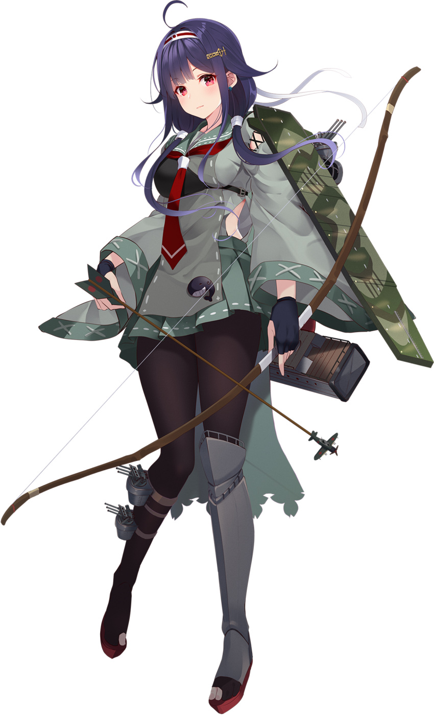 1girl ahoge arrow_(projectile) bow_(weapon) camouflage flight_deck full_body gloves hair_flaps hairband haori highres japanese_clothes kantai_collection kujou_ichiso low_twintails muneate official_art partially_fingerless_gloves quiver remodel_(kantai_collection) ryuuhou_(kancolle) school_uniform serafuku taigei_(kancolle) transparent_background twintails weapon whale yugake
