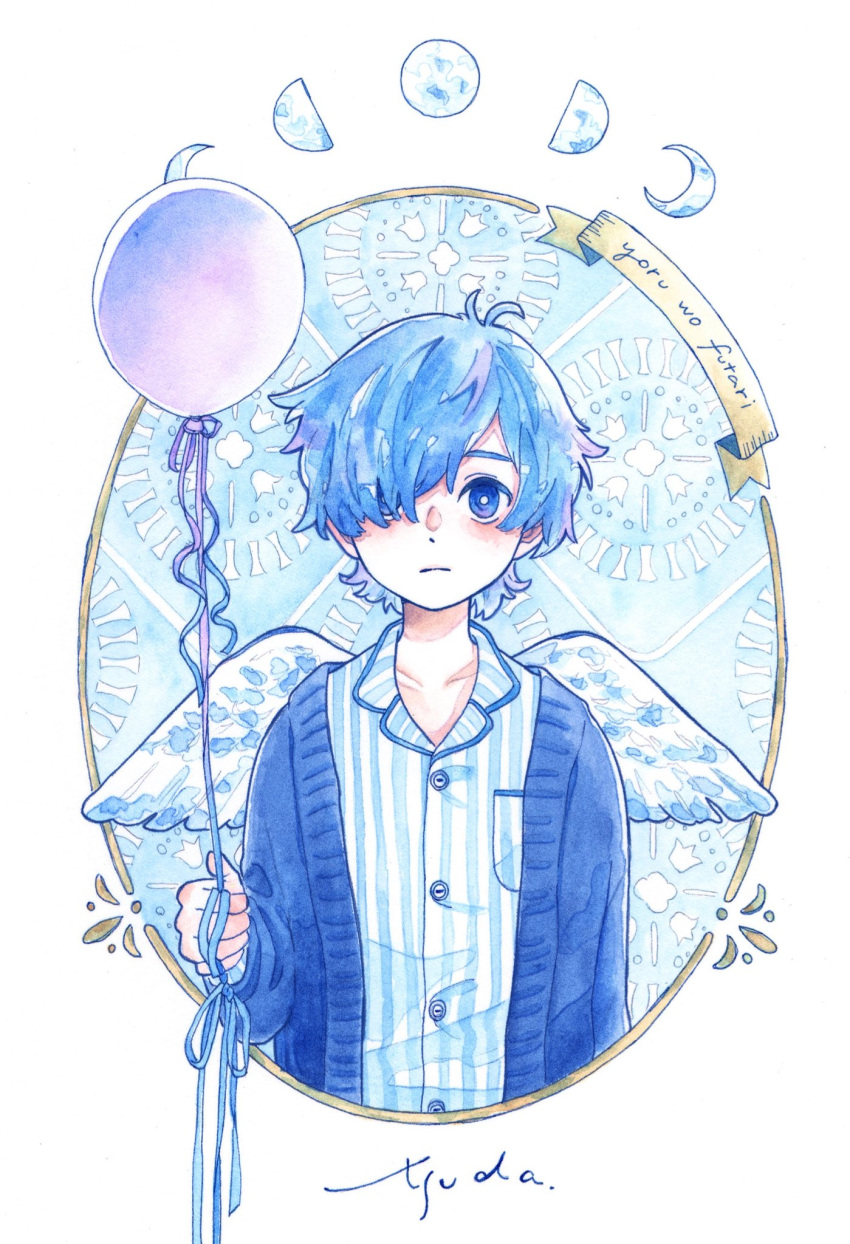 1boy balloon blue_cardigan blue_eyes blue_hair blue_theme breast_pocket cardigan check_copyright copyright_request crescent_moon feathered_wings full_moon hair_over_one_eye half_moon highres holding holding_balloon moon moon_phases original pocket shirt short_hair solo striped striped_shirt upper_body white_wings wings yutsukidayo