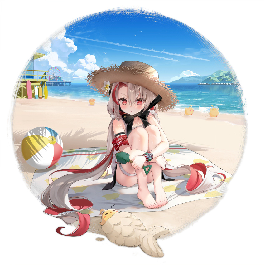 1girl azur_lane ball bangs bare_shoulders barefoot beach beach_towel beachball blue_sky blush byulzzi clouds cloudy_sky eyebrows_visible_through_hair flower full_body hair_between_eyes hair_ornament hair_scrunchie hat highres leg_hug long_hair maestrale_(azur_lane) maestrale_(lonesome_beachfarer)_(azur_lane) manjuu_(azur_lane) multicolored_hair ocean official_art outdoors parted_lips red_eyes redhead scrunchie shadow shovel silver_hair sitting sky sleeping straw_hat swimsuit thigh_strap thighs toes towel transparent_background twintails very_long_hair water