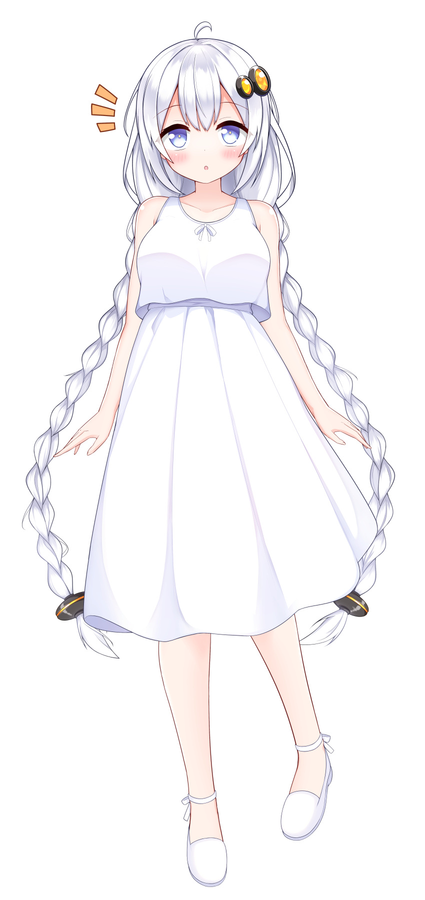 1girl :o ^^^ absurdres ahoge bangs blue_eyes braid commentary dress full_body hair_ornament hair_tubes highres kizuna_akari long_hair looking_at_viewer open_mouth sleeveless sleeveless_dress solo standing tomin_(tomin_90) twin_braids twintails very_long_hair voiceroid white_dress white_footwear white_hair