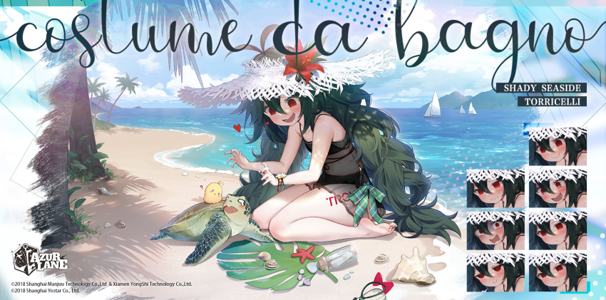 1girl azur_lane bare_shoulders barefoot beach bikini black_bikini blush boat bow byulzzi clouds day expressions feet flower green_hair hat hat_flower heart highres leg_tattoo long_hair looking_at_viewer manjuu_(azur_lane) mountain ocean official_alternate_costume official_art open_mouth outdoors palm_tree promotional_art red_bow red_eyes red_flower sailboat sandals sardegna_empire_(emblem) see-through shadow shell sitting sky smile soles solo straw_hat sun_hat swimsuit tattoo thigh_tattoo toes torricelli_(azur_lane) torricelli_(shady_seaside)_(azur_lane) tree turtle wariza water watercraft