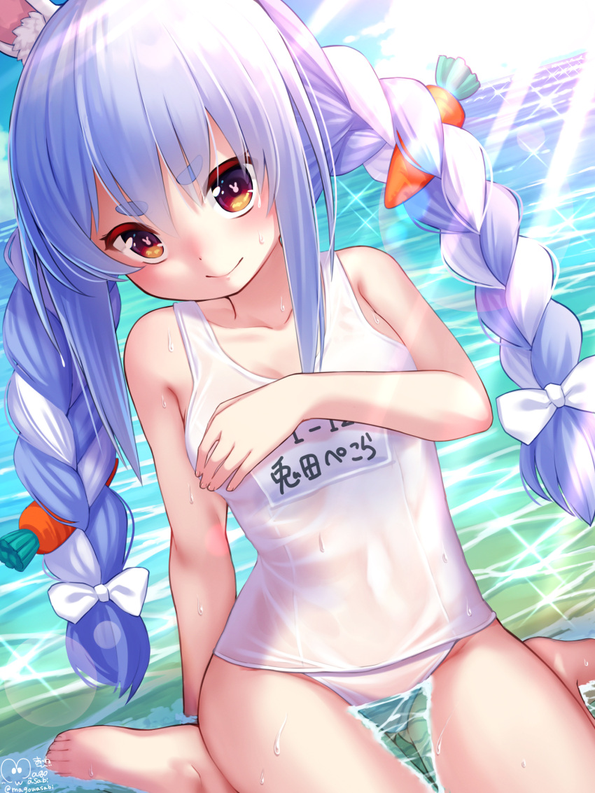 1girl animal_ear_fluff animal_ears bangs bare_shoulders beach blue_hair bow braid breasts carrot closed_mouth collarbone eyebrows_visible_through_hair hair_bow hand_on_own_chest hand_up highres hikimayu hololive long_hair looking_at_viewer magowasabi medium_breasts multicolored multicolored_eyes navel partially_submerged rabbit_ears school_swimsuit see-through sidelocks sitting sleeveless smile solo sunlight swimsuit swimwear thighs twin_braids usada_pekora virtual_youtuber wariza water wet white_bow white_swimsuit