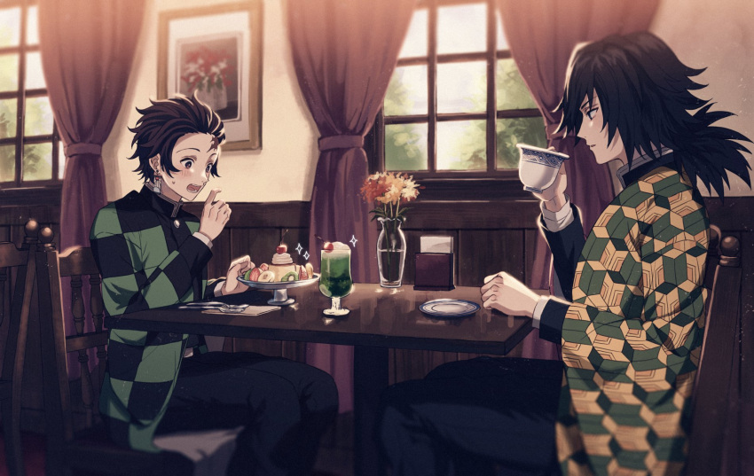 234_(1234!) 2boys :o black_pants blue_eyes blurry blurry_foreground blush brown_eyes brown_hair chair cherry cup curtains dessert drink feet_out_of_frame flower food food_request fork fruit gakuran hair_slicked_back hands_up haori high_collar highres ice_cream ice_cream_float indoors japanese_clothes kamado_tanjirou kimetsu_no_yaiba long_sleeves looking_at_another looking_down male_focus multiple_boys napkin open_mouth pants parted_lips plate pudding school_uniform short_hair sitting spoon surprised table tea teacup tomioka_giyuu vase wide-eyed window